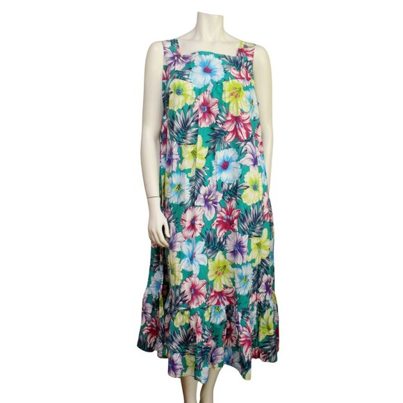 Vintage Blue Chez California Hawaiian Ruffle Cotton Dress Size XL MuuMuu Beach - Picture 1 of 5